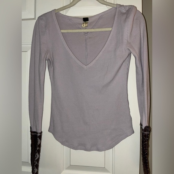 Free people Art School Embroidered Lavender thermal waffle Anthropologie Sz S - Picture 7 of 9